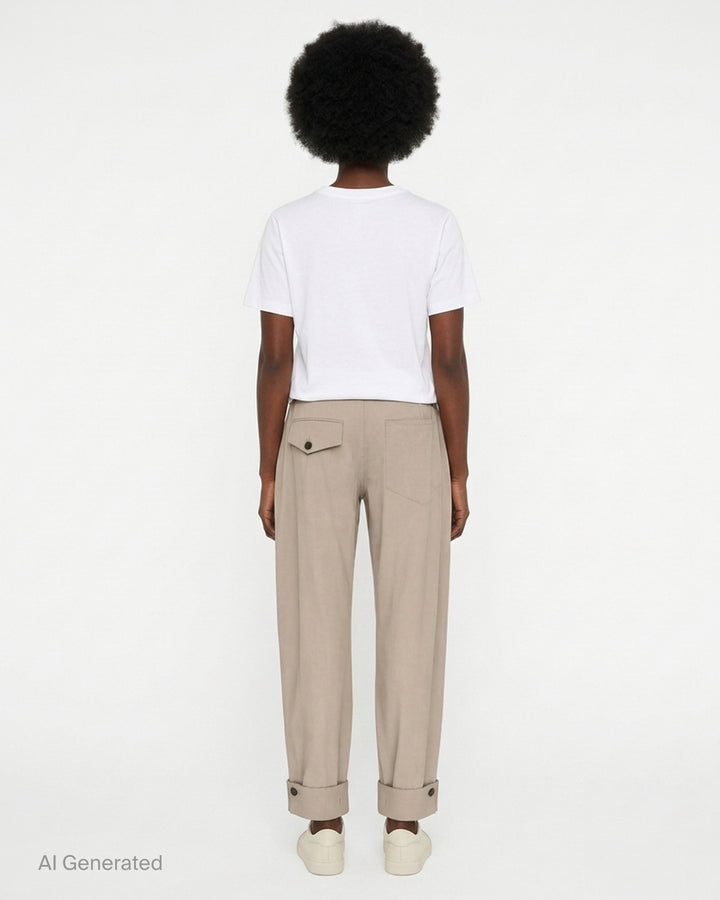 Setchu Origami Pants 2 in a stone-toned wool-cotton blend, shown front view with pleated waist, button fly and button-tab cuffs - back