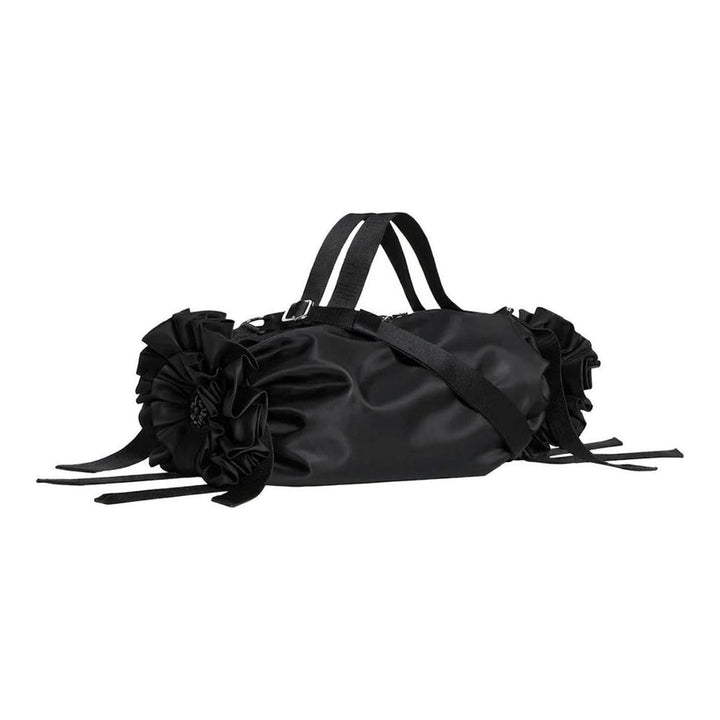 Simone Rocha Double Ribbon Rosette Bag in black satin with beaded floral embellishment, ruffled rosette ends and ribbon tassels - packshot