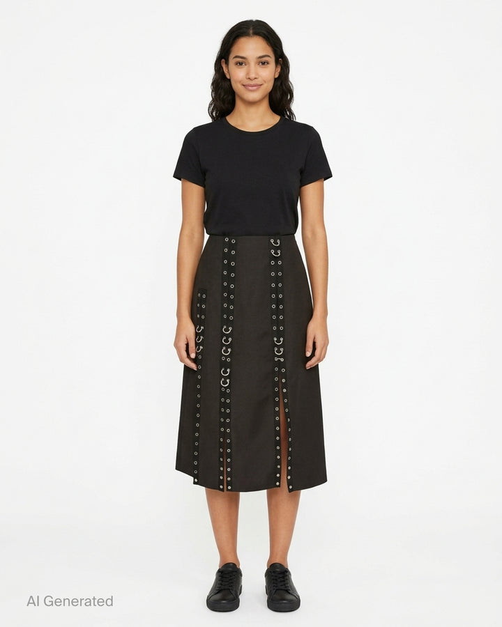 Simone Rocha black midi skirt with vertical grommet-trimmed straps, silver ring hardware and front slits - front