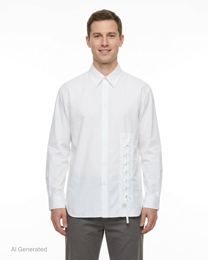 Simone Rocha white cotton Lace Up Hem Easy Shirt with pointed collar, button-through front and corset-style lace-up panel at the hem - front