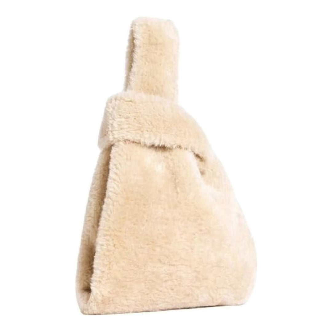 Simone Rocha mini faux fur shopper bag in cream with scattered crystal and pearl floral embellishments - packshot