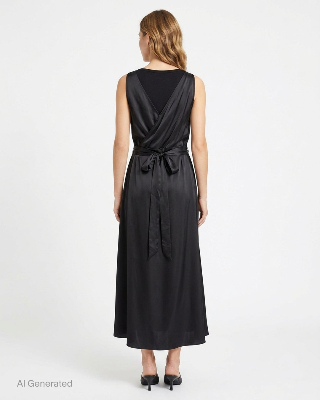 Simone Rocha black patchwork satin negligee dress with embroidered V-neckline, satin ribbon bow and gathered empire waist - back