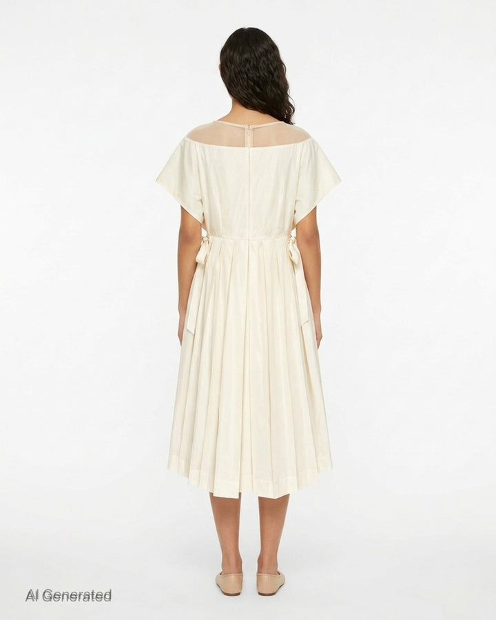 Simone Rocha cream pleated midi dress with sheer tulle bodice, satin bow appliqués at the chest and side waist ties - back