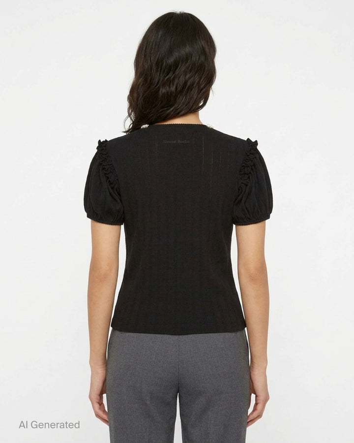 Simone Rocha black pointelle knit cardigan with pearl-trimmed neckline, ruffled puff sleeves and button front - back