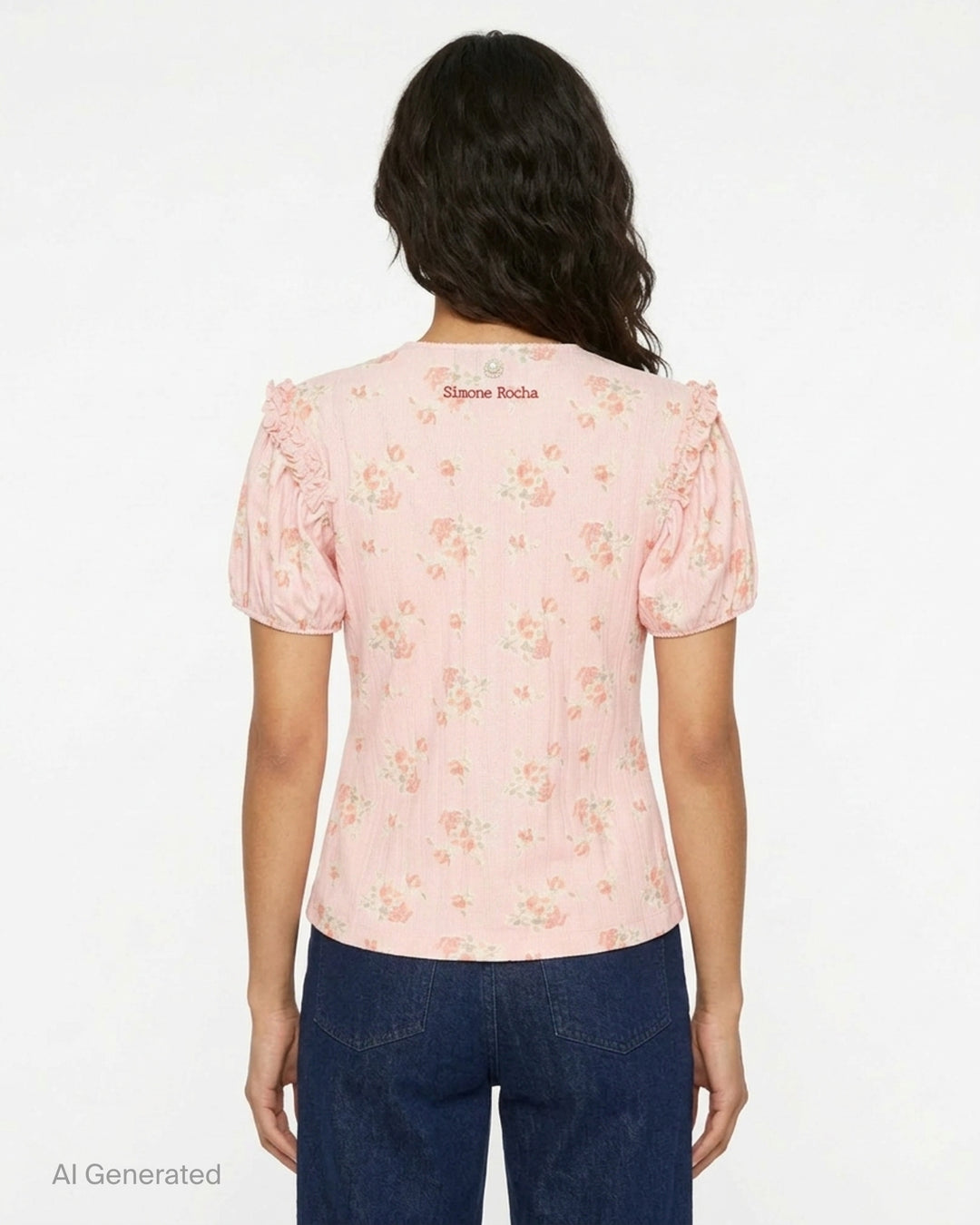Simone Rocha pink pointelle puff sleeve cardigan with rose floral print, ruffled shoulders and pearly front buttons - back