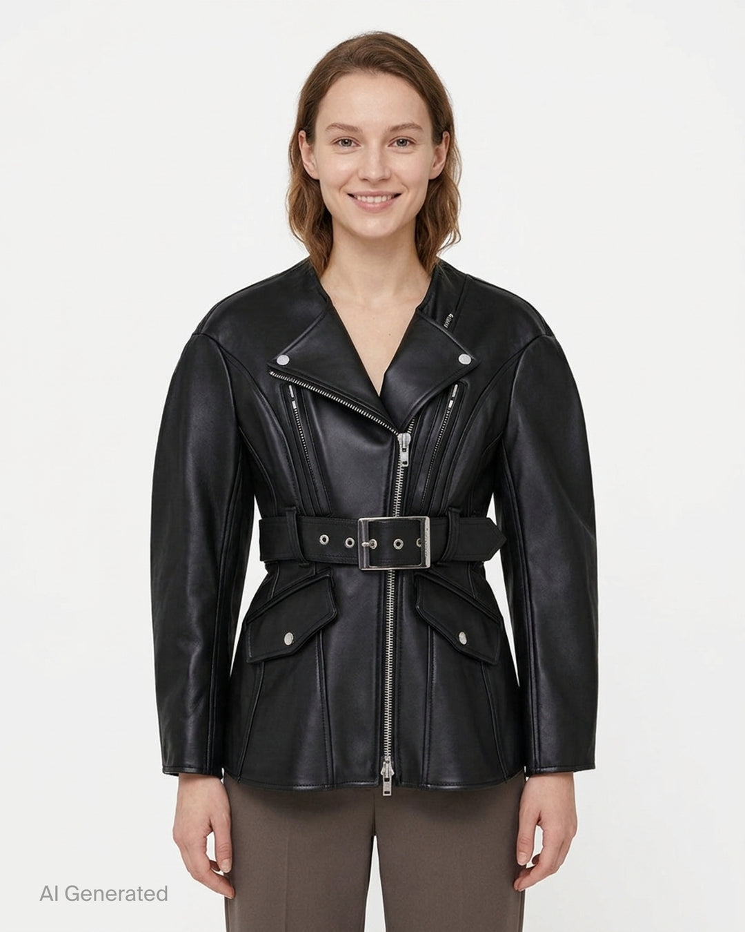 Simone Rocha black sculpted biker jacket with asymmetric zip front, rounded shoulders, flap pockets and wide silver-buckle belt at the waist - front