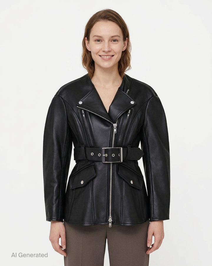 Simone Rocha black sculpted biker jacket with asymmetric zip front, rounded shoulders, flap pockets and wide silver-buckle belt at the waist - front