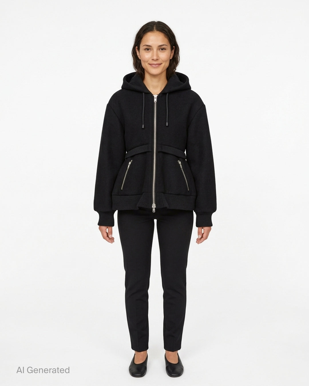 Simone Rocha black hooded zip jacket with cinched waist, ribbed double hem, drawcord hood and zip pockets - front