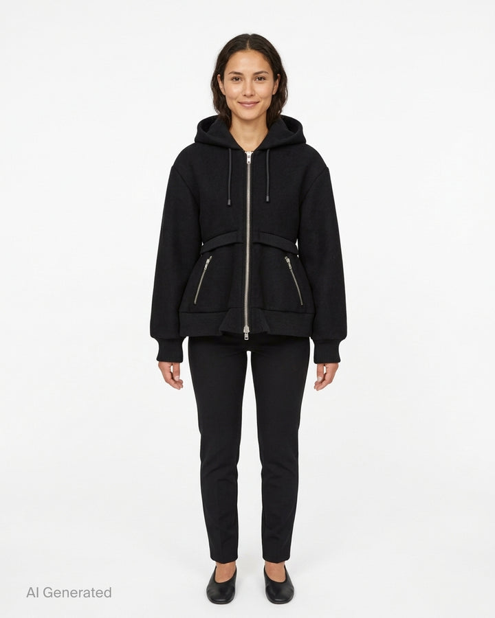 Simone Rocha black hooded zip jacket with cinched waist, ribbed double hem, drawcord hood and zip pockets - front
