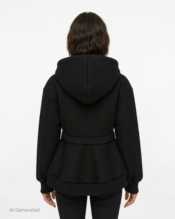 Simone Rocha black hooded zip jacket with cinched waist, ribbed double hem, drawcord hood and zip pockets - back