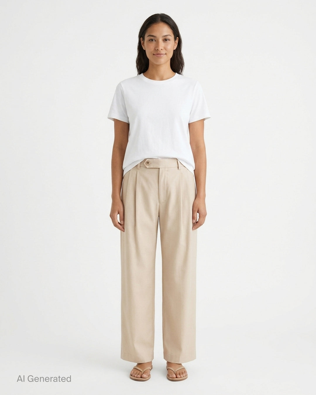 Small Talk Studio double pleat wide-leg trousers in a stone neutral tone, shown front-facing with tab waistband closure - front