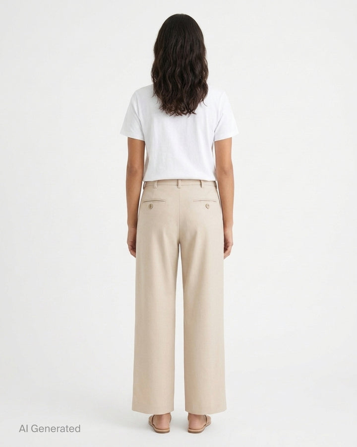 Small Talk Studio double pleat wide-leg trousers in a stone neutral tone, shown front-facing with tab waistband closure - back