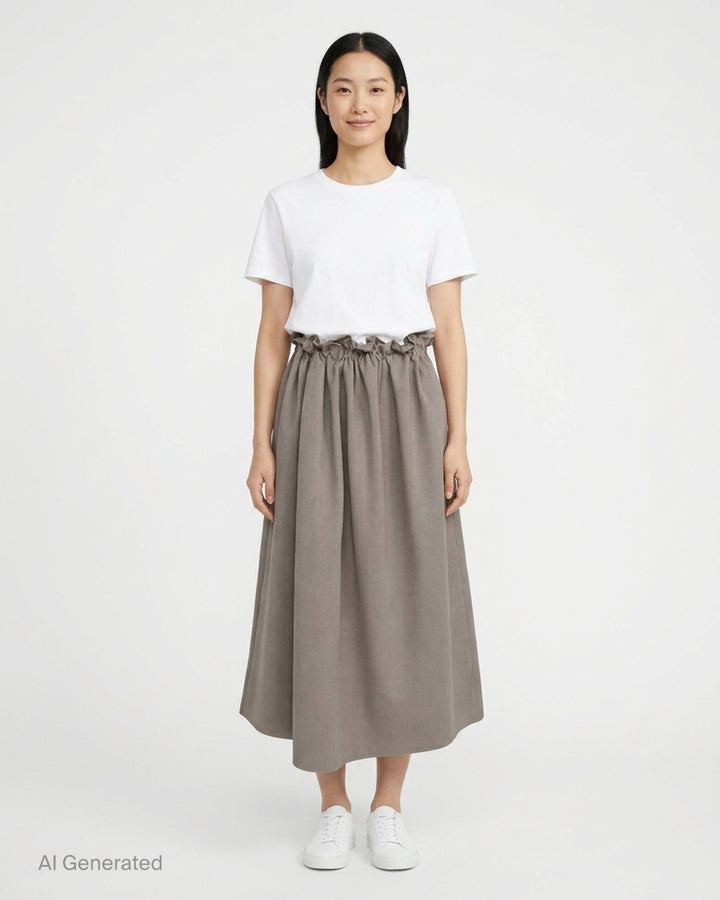 Sofie D'Hoore taupe drawstring full skirt with ruffled gathered waist and flowing midi-length silhouette - front