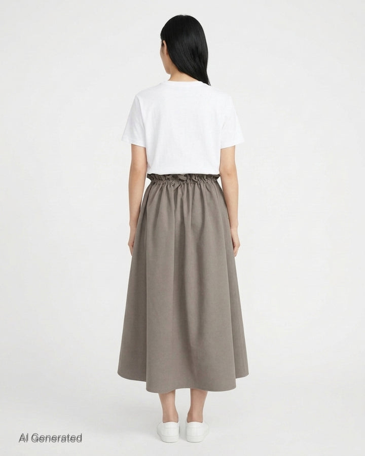 Sofie D'Hoore taupe drawstring full skirt with ruffled gathered waist and flowing midi-length silhouette - back