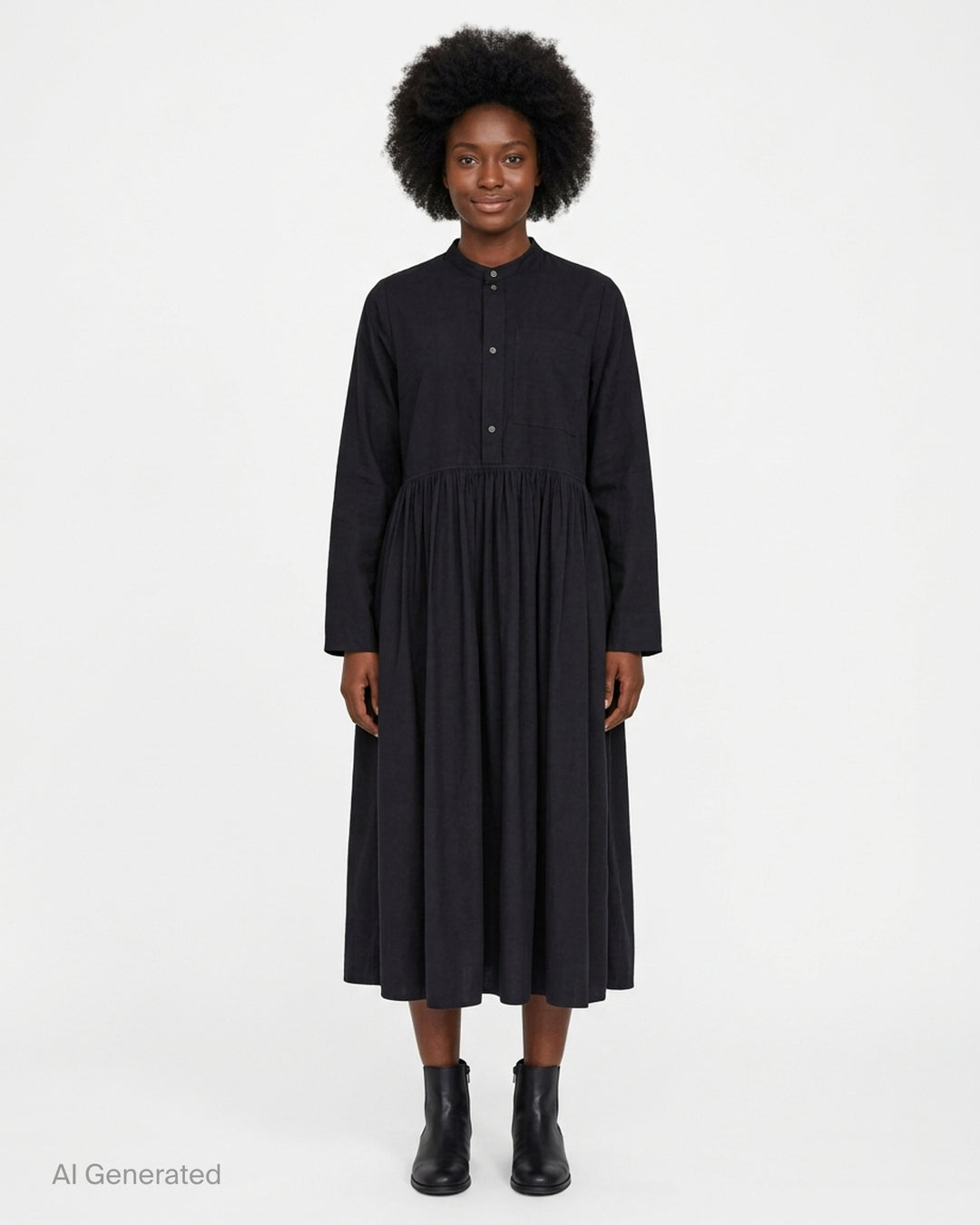 Sofie D'Hoore black long sleeve full length shirt dress with band collar, button placket, chest patch pocket and gathered skirt - front