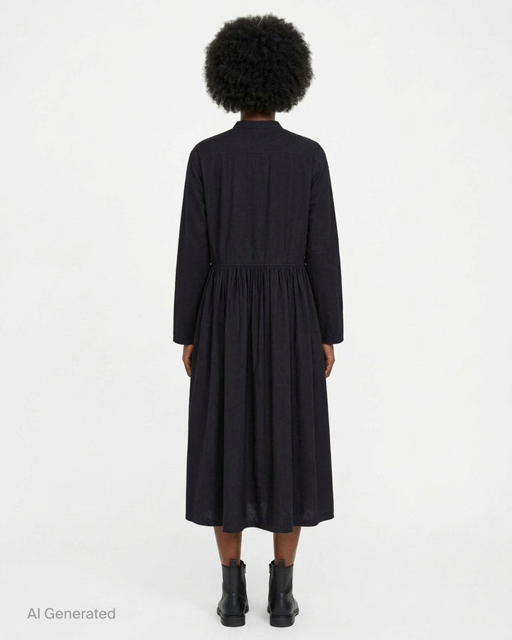 Sofie D'Hoore black long sleeve full length shirt dress with band collar, button placket, chest patch pocket and gathered skirt - back