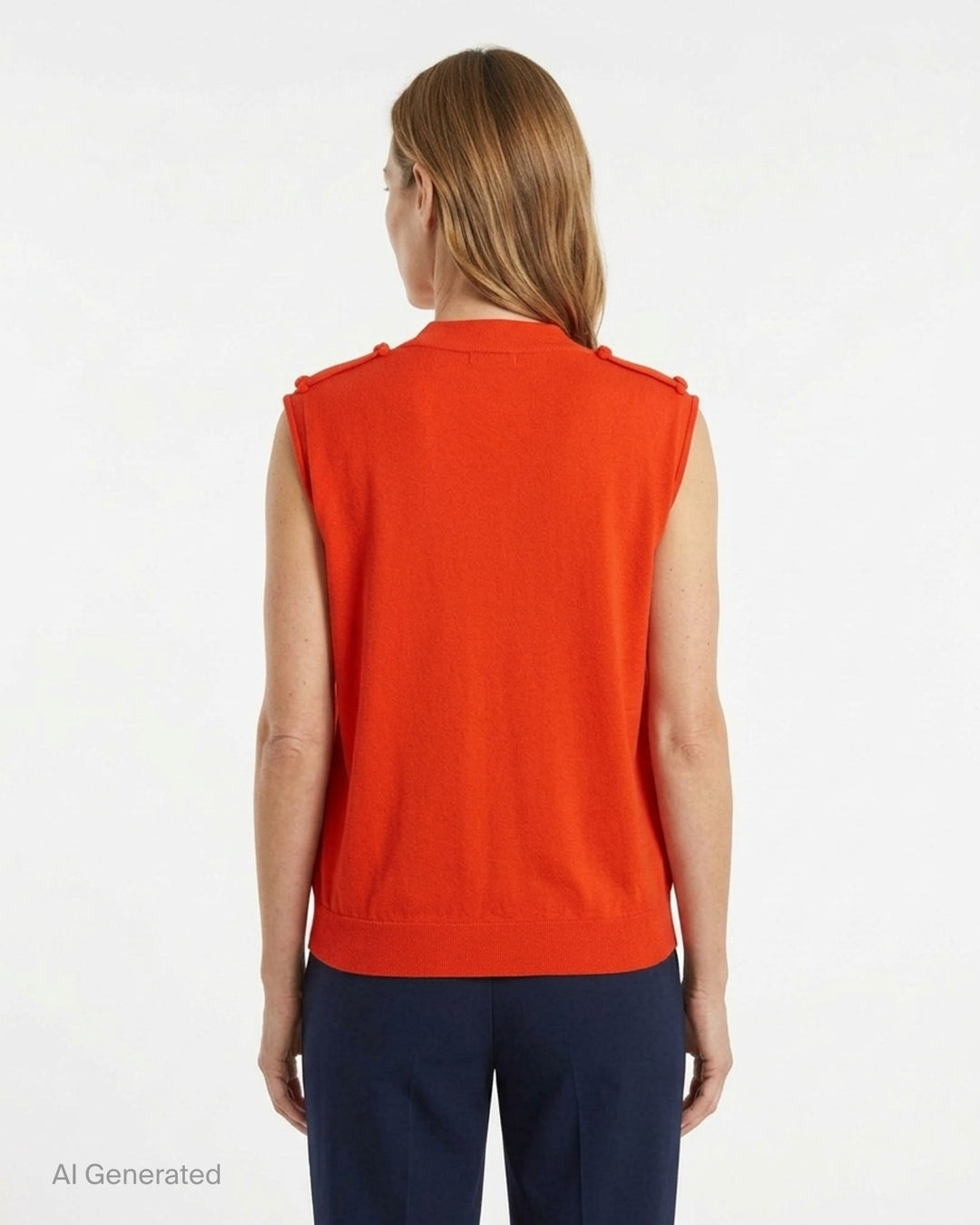 Sofie D'Hoore sleeveless crew neck knit top in bright red-orange with ribbed collar and knotted shoulder details, shown from the front - back