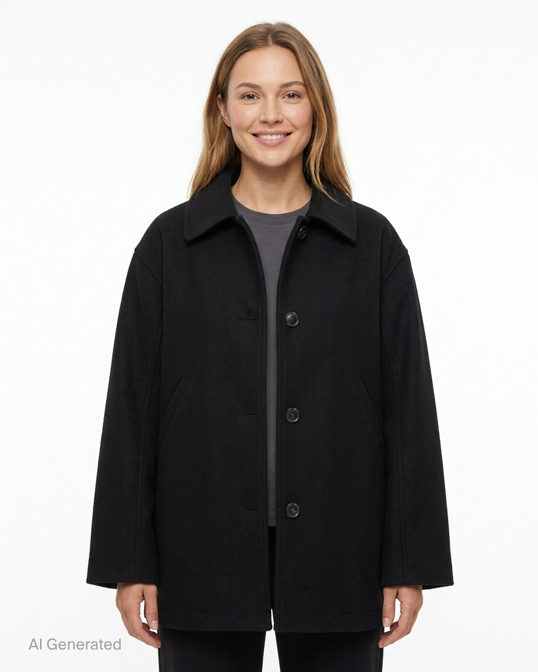 Sofie D'Hoore black three-button jacket with classic collar, slanted front pockets and wide sleeves, shown from the front - front