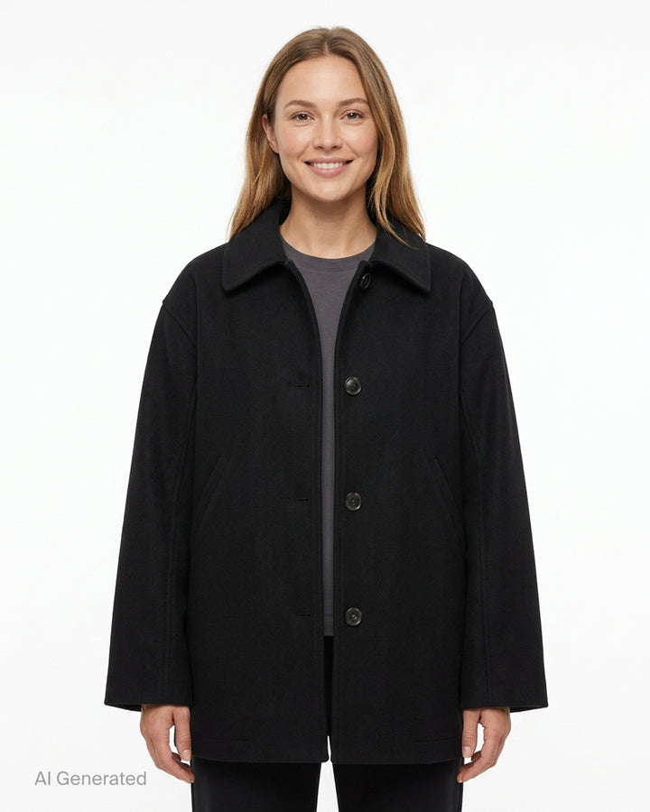 Sofie D'Hoore black three-button jacket with classic collar, slanted front pockets and wide sleeves, shown from the front - front