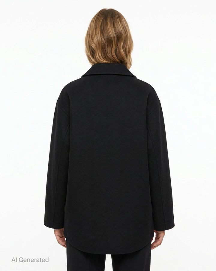 Sofie D'Hoore black three-button jacket with classic collar, slanted front pockets and wide sleeves, shown from the front - back