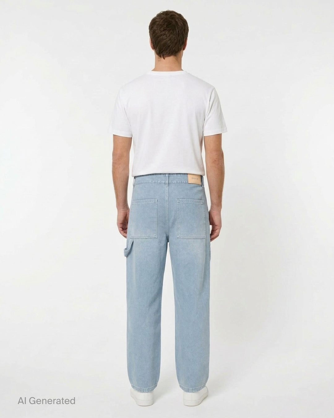 Solid Homme Straight Cut Washed Jeans in light blue stonewash denim, featuring a wide-leg silhouette, high-rise waist, and carpenter utility tab detail - back