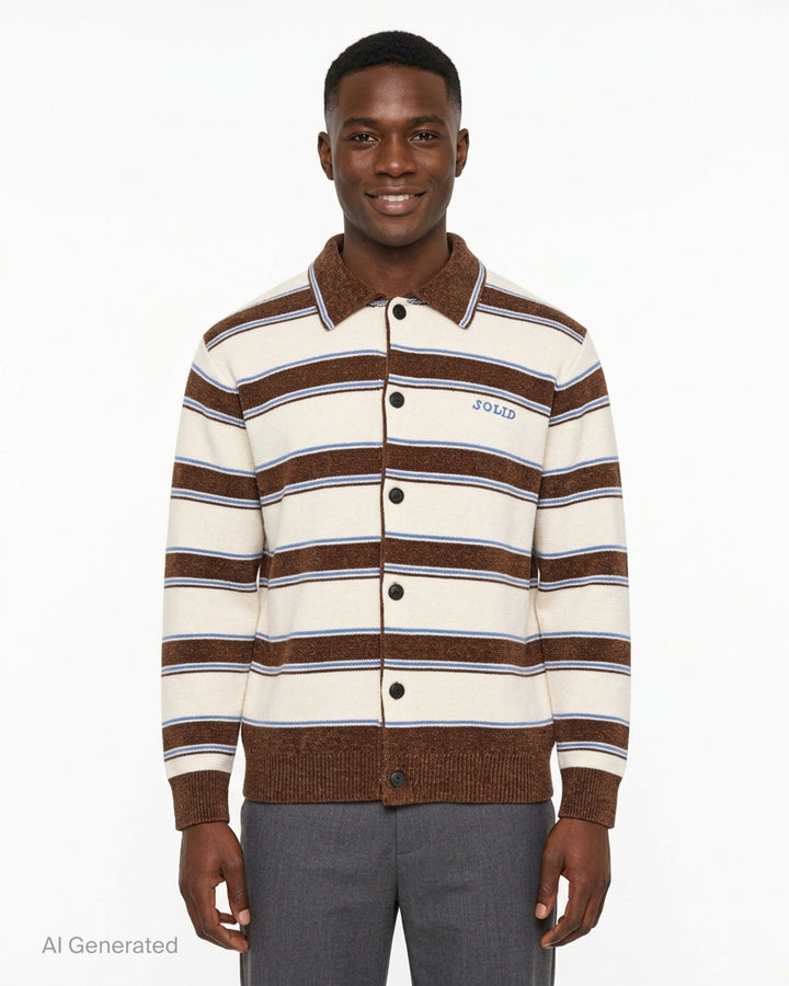 Solid Homme Stripe Collared Cardigan in cream, brown, and blue horizontal stripes with dark button-front closure, spread collar, and ribbed cuffs and hem - front