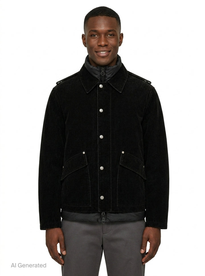 Solid Homme black velvet jacket with snap-button front closure, integrated quilted nylon inner puffer vest, epaulette shoulders, and dual flap pockets — front view on white background - front