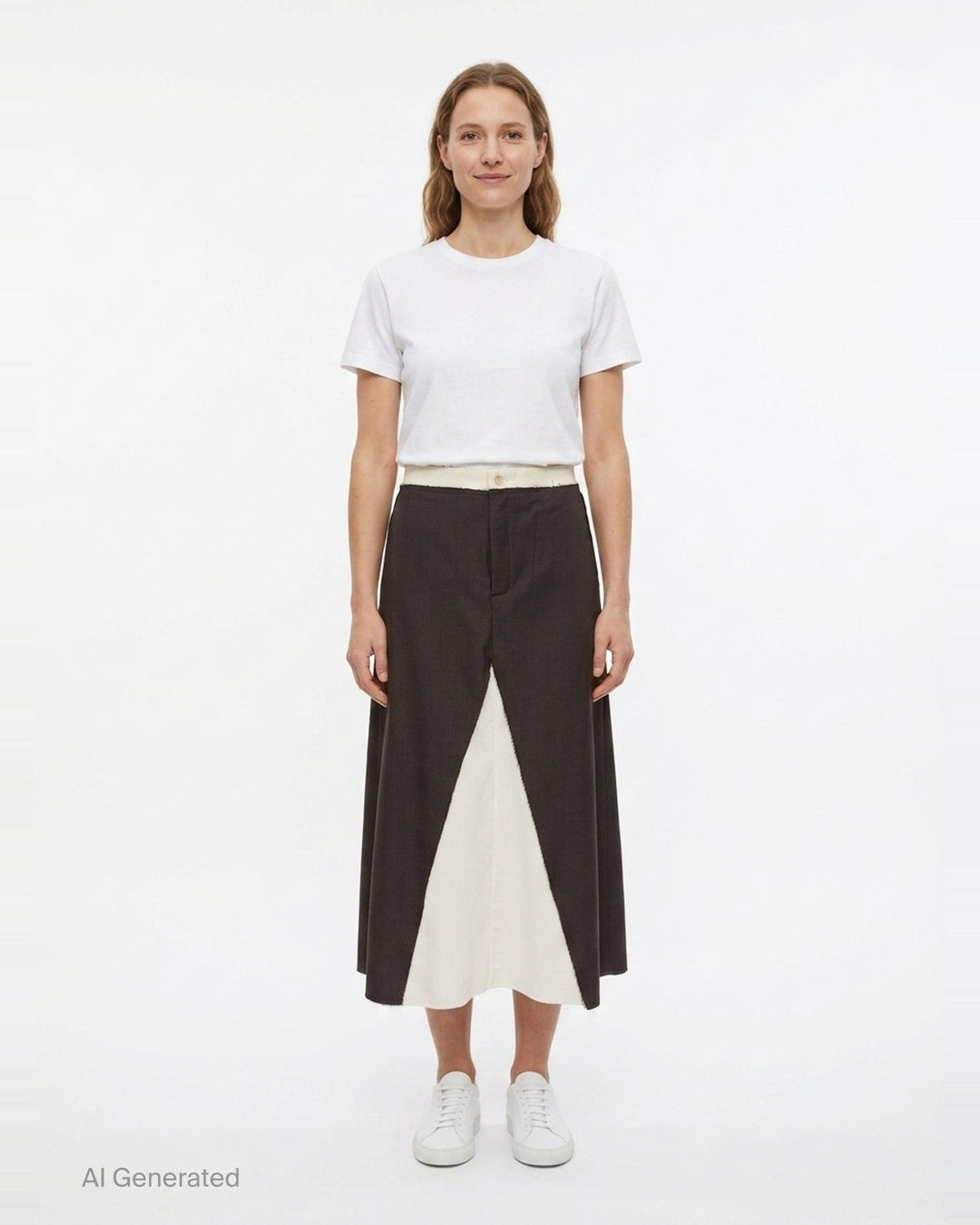 Sonia Carrasco contrast panel tailored midi skirt in dark brown houndstooth with ivory raw-edge inset panel and frayed waistband, front view on white background - front