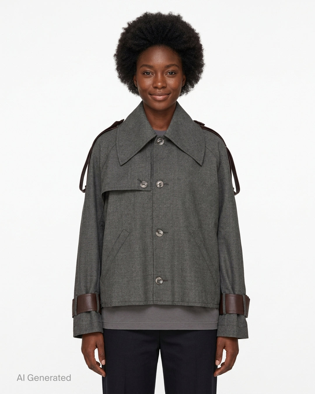 Sonia Carrasco cropped grey trench jacket with oversized pointed collar, button front and brown leather-look straps at the shoulders and cuffs - front