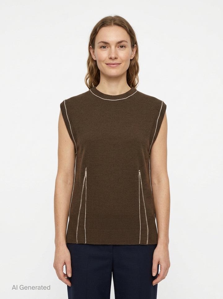 Sonia Carrasco Fitting Knit Vest in chocolate brown with cream contrast topstitching along the neckline, armholes, and diagonal pocket openings, photographed flat on a white background - front