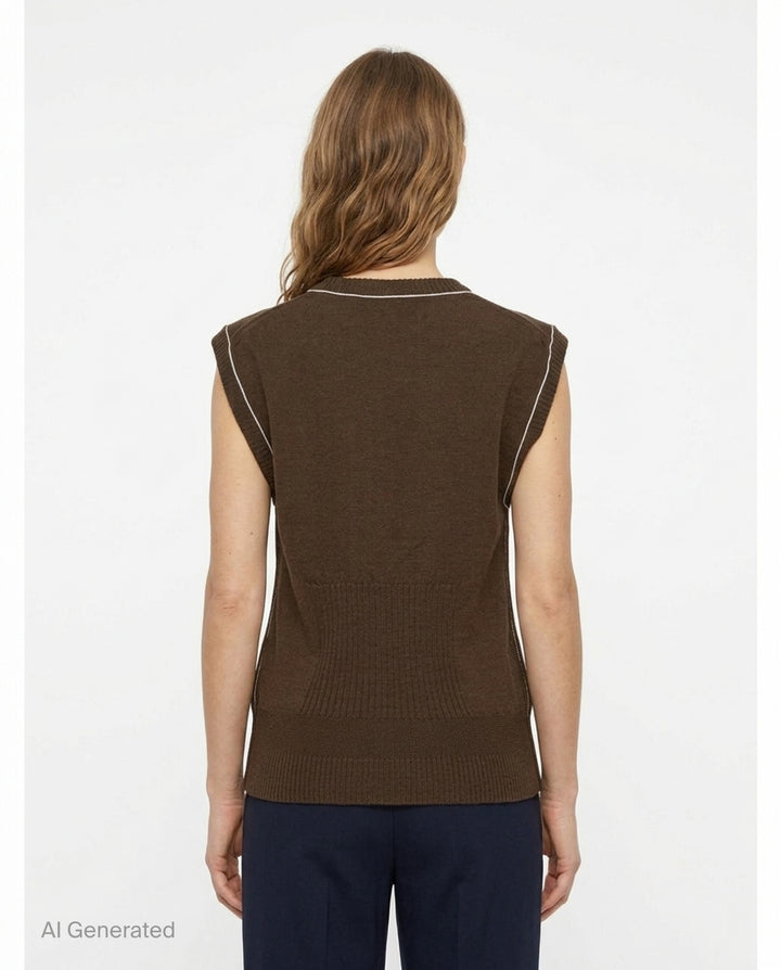 Sonia Carrasco Fitting Knit Vest in chocolate brown with cream contrast topstitching along the neckline, armholes, and diagonal pocket openings, photographed flat on a white background - back
