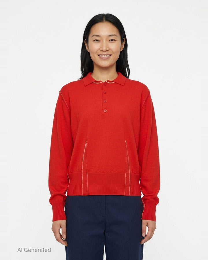 Sonia Carrasco red long sleeve knit polo sweater with contrast cream topstitching, three-button placket, polo collar, and ribbed hem and cuffs - front