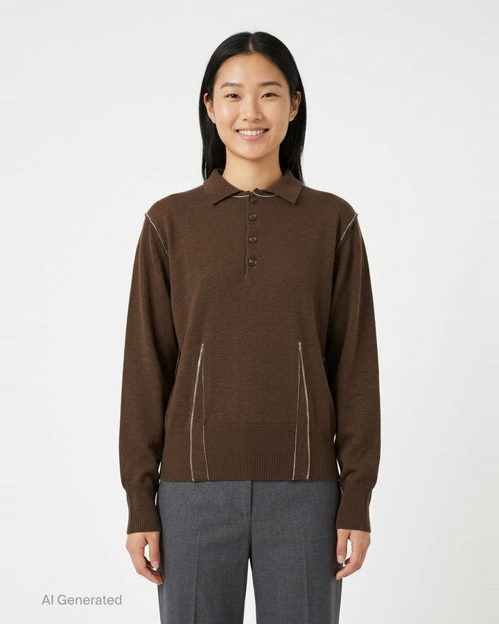 Sonia Carrasco Knit Polo Sweater in dark chocolate brown with contrast white overlock stitching along the seams, polo collar, four-button placket, and diagonal front pockets - front