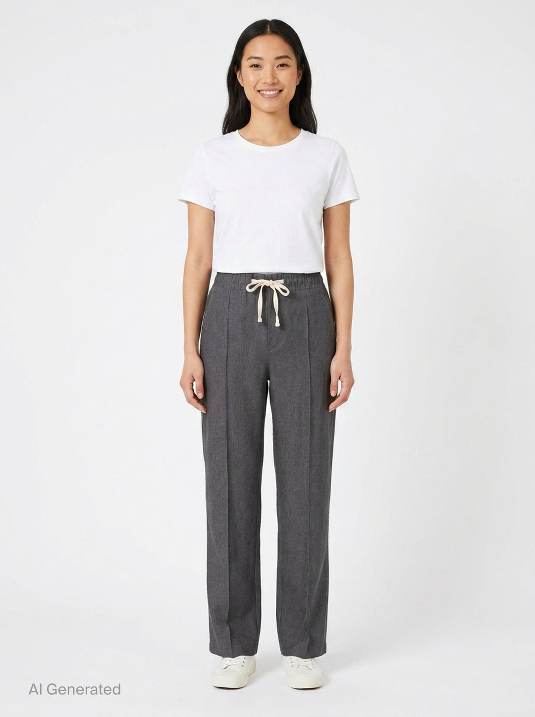 Sonia Carrasco Pleated Drawstring Trousers in heathered charcoal grey, featuring a wide-leg silhouette, front pleats, and a contrast cream drawstring bow at the elasticated waist - front