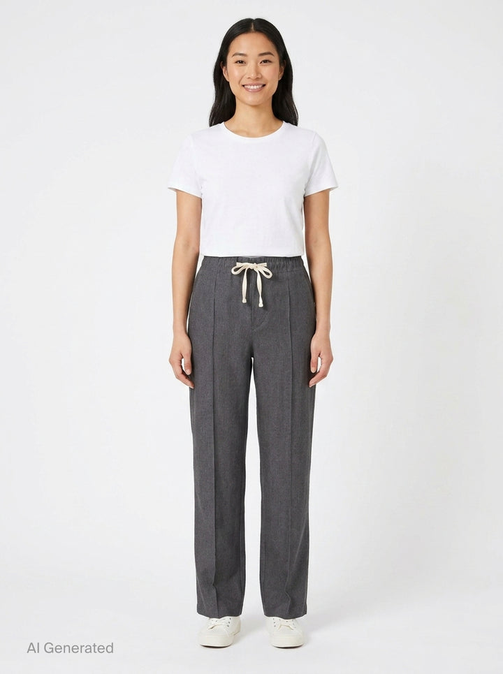 Sonia Carrasco Pleated Drawstring Trousers in heathered charcoal grey, featuring a wide-leg silhouette, front pleats, and a contrast cream drawstring bow at the elasticated waist - front
