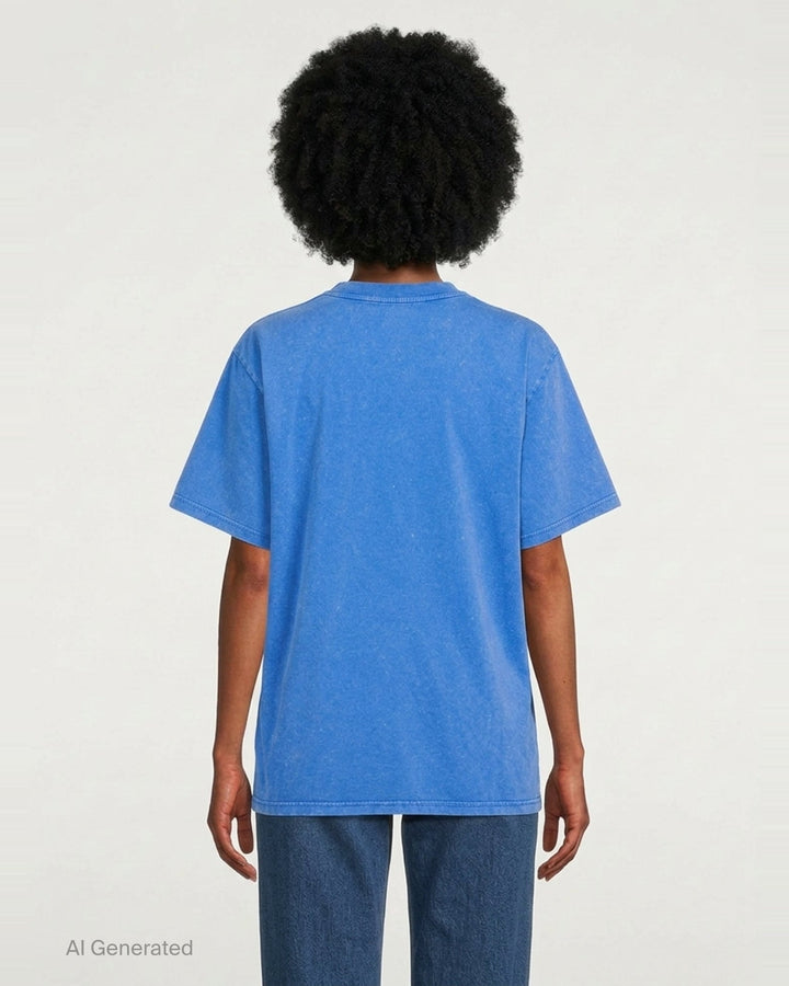 Stella McCartney Abbey Road Boyfriend Tee in acid-washed cobalt blue with a circular psychedelic logo graphic in white and aqua, crew neckline and short sleeves, front view on white background - back