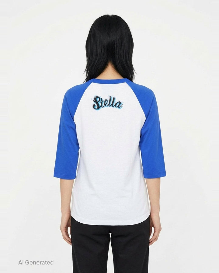 Stella McCartney Airbrush Horse Print Baseball Tee with 'Mane Attraction' script graphic on a white body and royal blue raglan three-quarter sleeves, shown flat on a white background - back