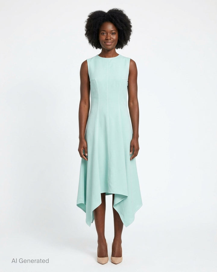 Stella McCartney sleeveless aqua mint midi dress with asymmetric handkerchief hem and centre-front seam detailing on white background - front