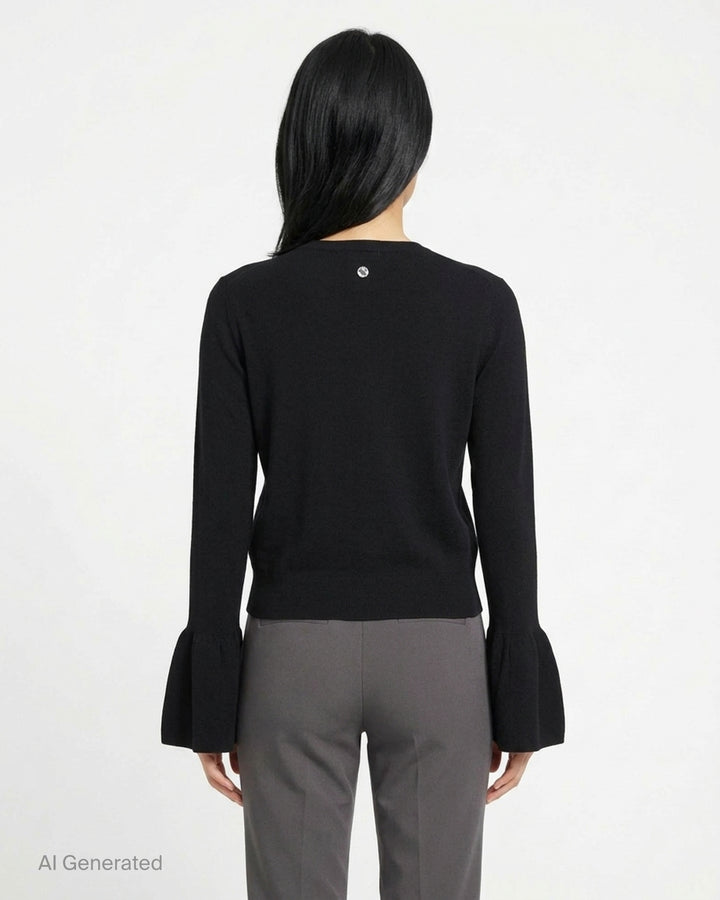 Stella McCartney red compact knit button-front cardigan with dramatic fluted bell sleeves and tonal dark red buttons - back