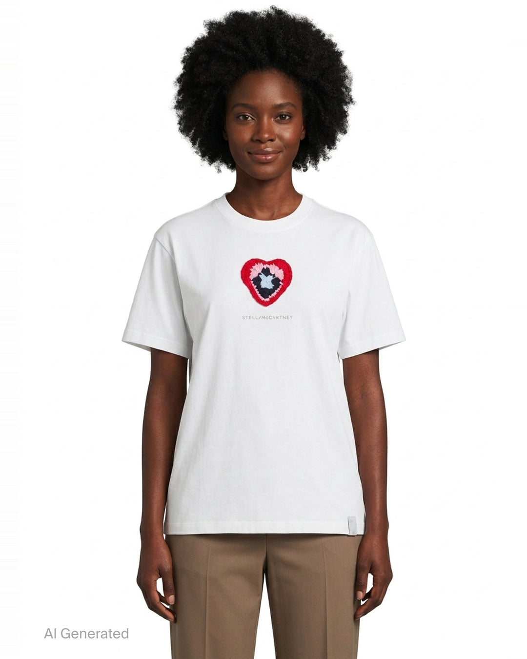 Stella McCartney white boyfriend T-shirt with a multicolour crochet heart appliqué at the chest and tonal logo print, shown flat on a white background - front