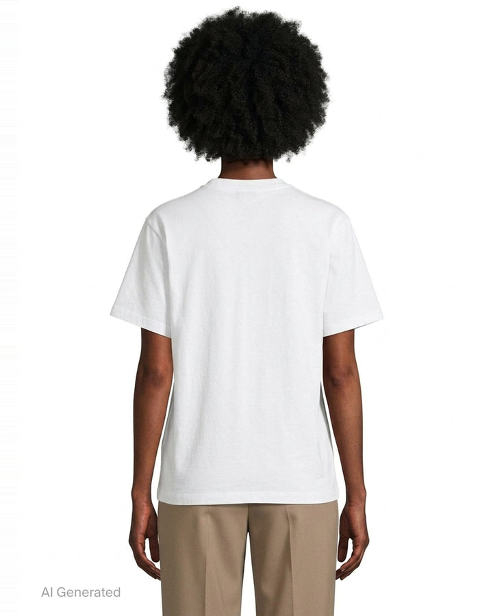 Stella McCartney white boyfriend T-shirt with a multicolour crochet heart appliqué at the chest and tonal logo print, shown flat on a white background - back