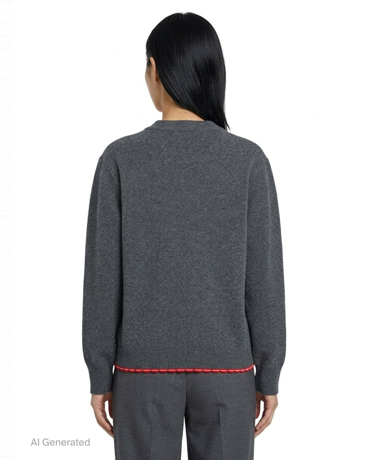 Stella McCartney heather grey wool jumper with multicolour crochet heart appliqué at the chest and red scalloped logo hem trim, front view - back