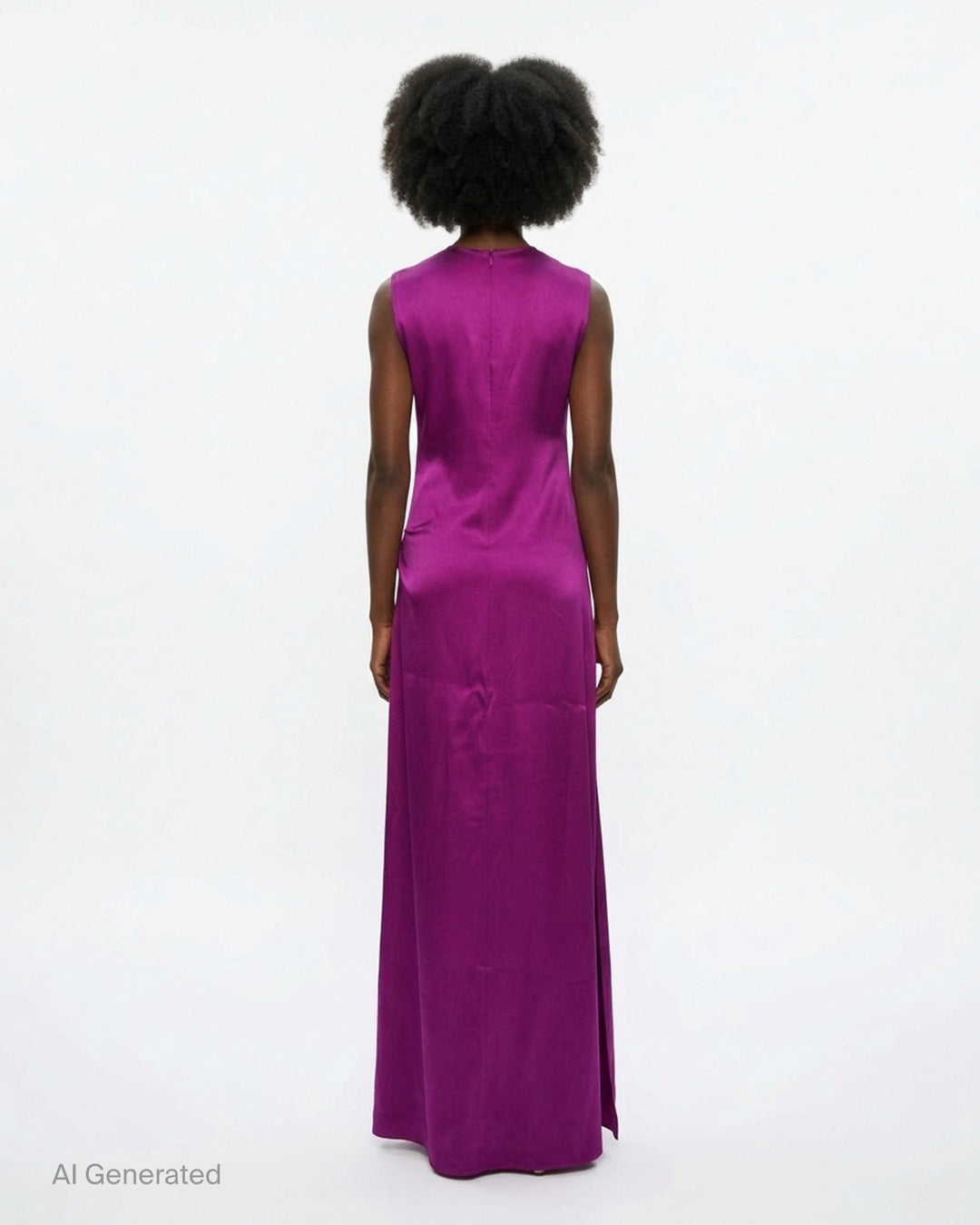 Stella McCartney Draped Satin Gown in magenta, sleeveless floor-length silhouette with gathered hip draping and luminous satin finish - back