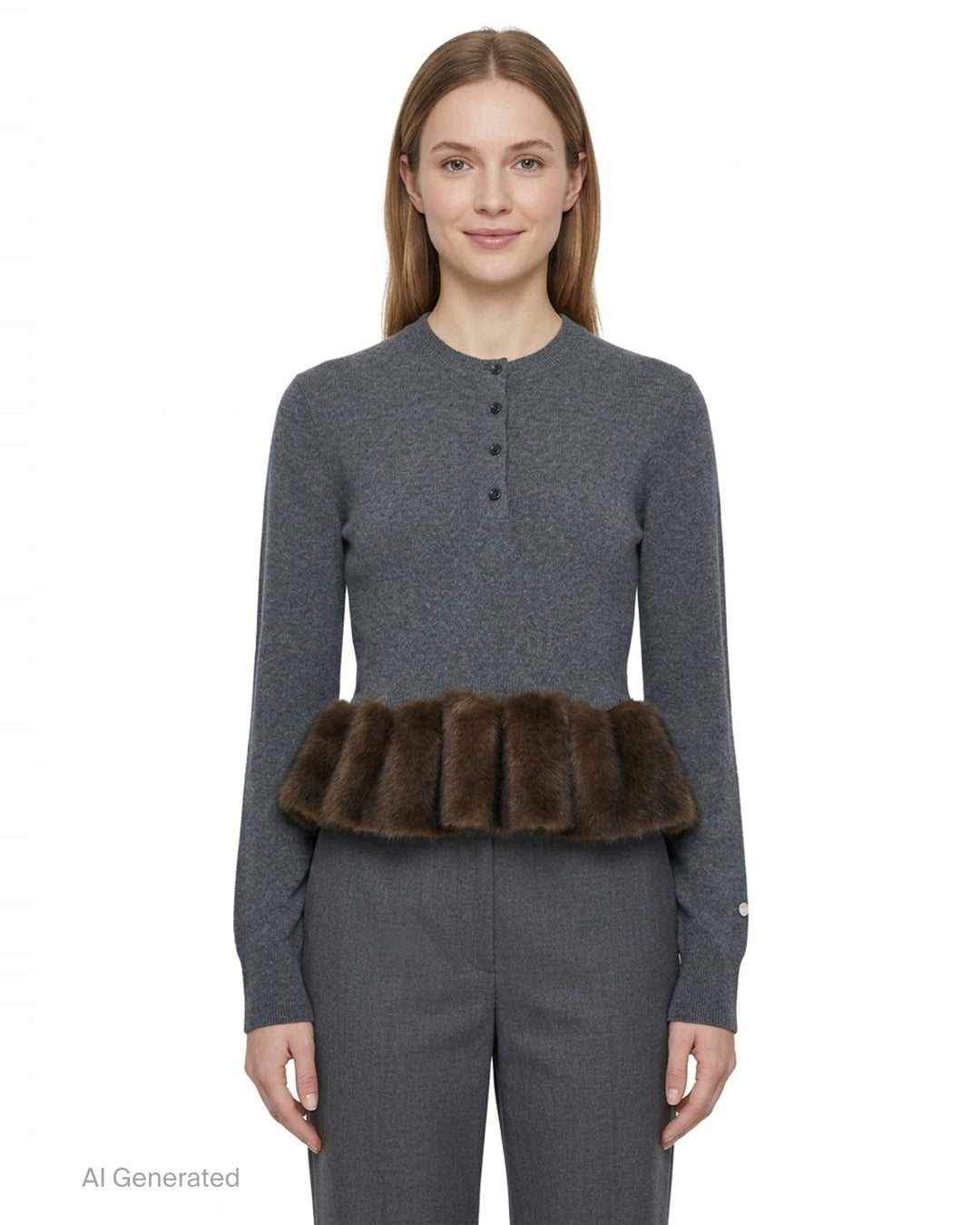 Stella McCartney grey wool crew neck jumper with Fur-Free-Fur™ ruffled peplum hem trim, Henley button placket, and long sleeves - front