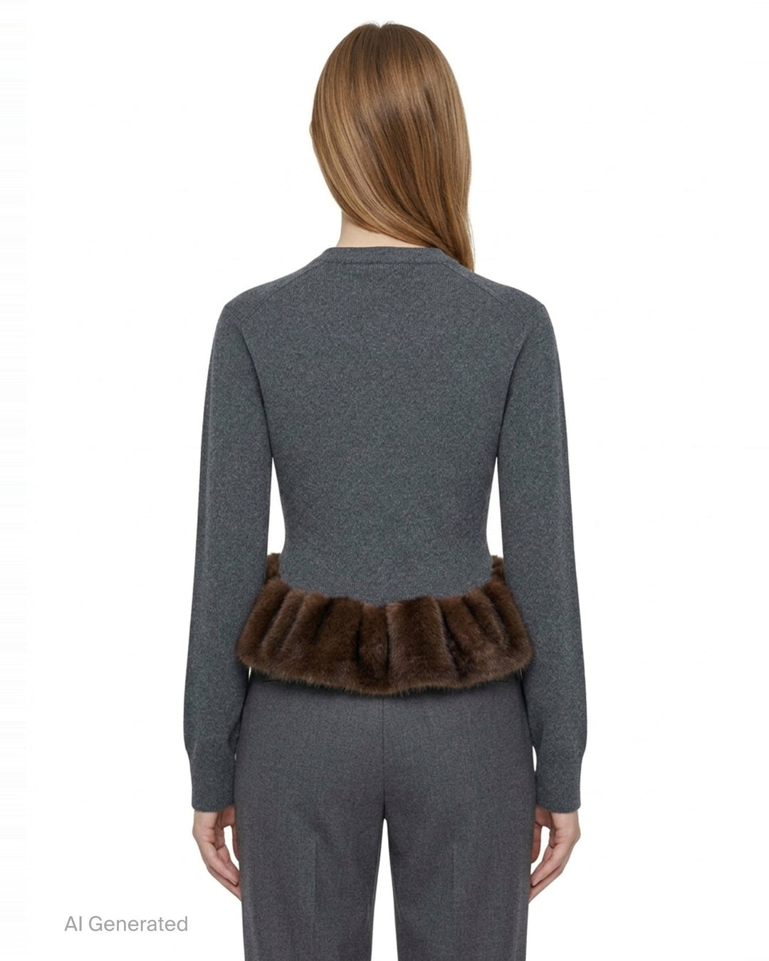 Stella McCartney grey wool crew neck jumper with Fur-Free-Fur™ ruffled peplum hem trim, Henley button placket, and long sleeves - back