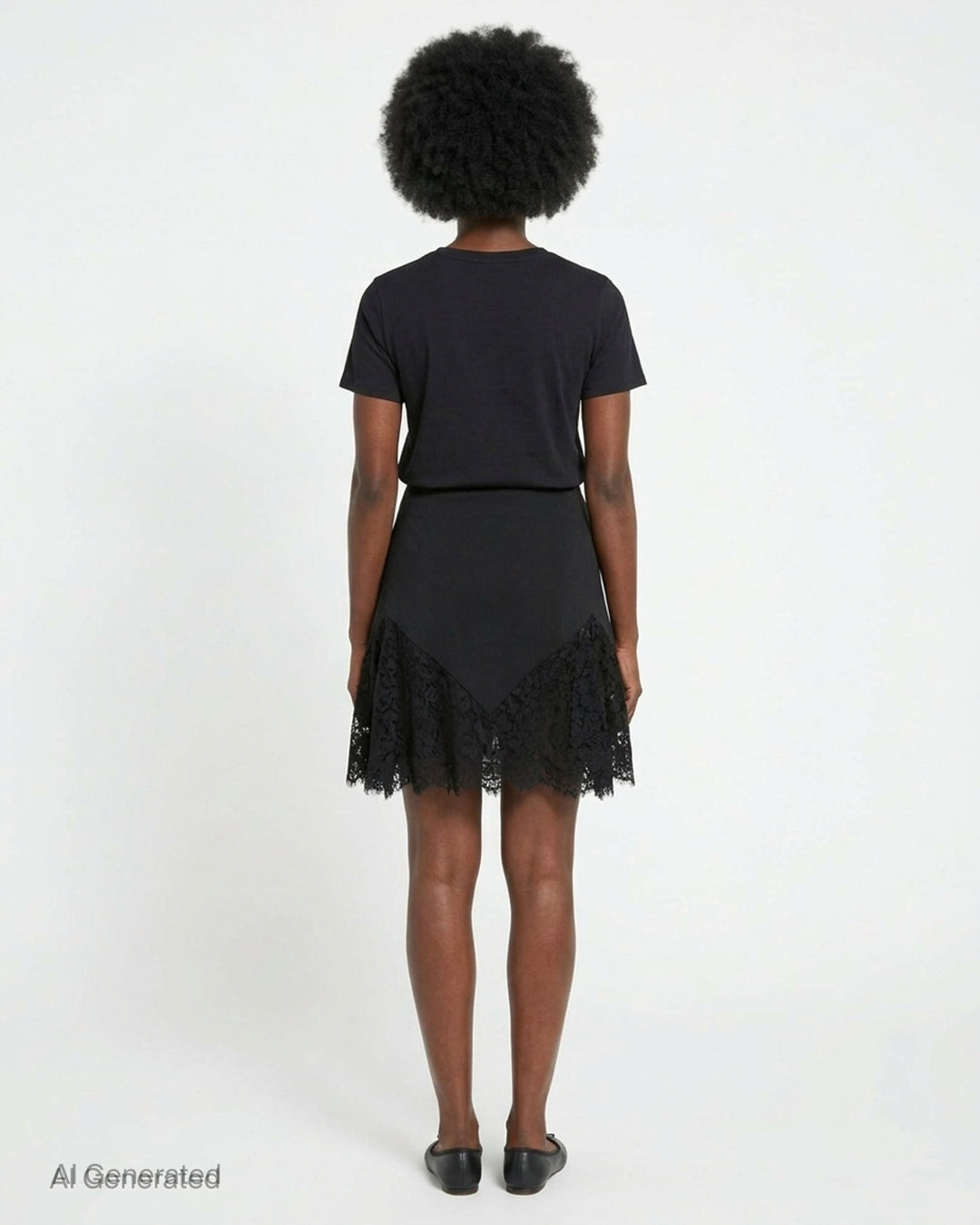 Stella McCartney black mini skirt with diagonal floral lace panel inserts and scalloped lace hem, displayed flat on a white background - back
