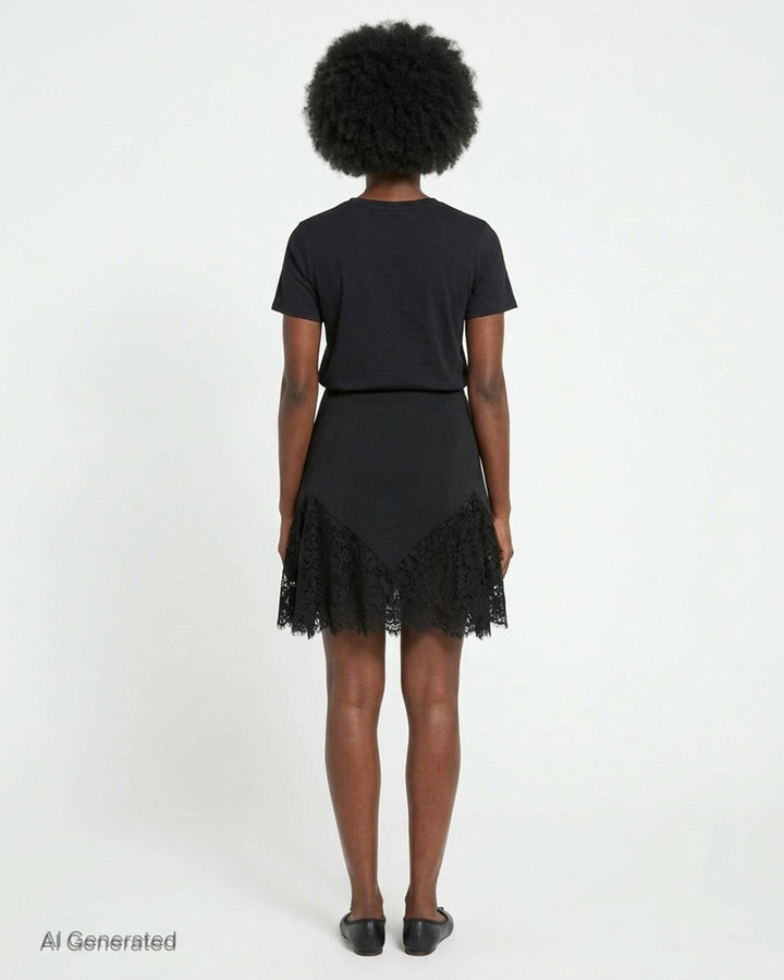 Stella McCartney black mini skirt with diagonal floral lace panel inserts and scalloped lace hem, displayed flat on a white background - back