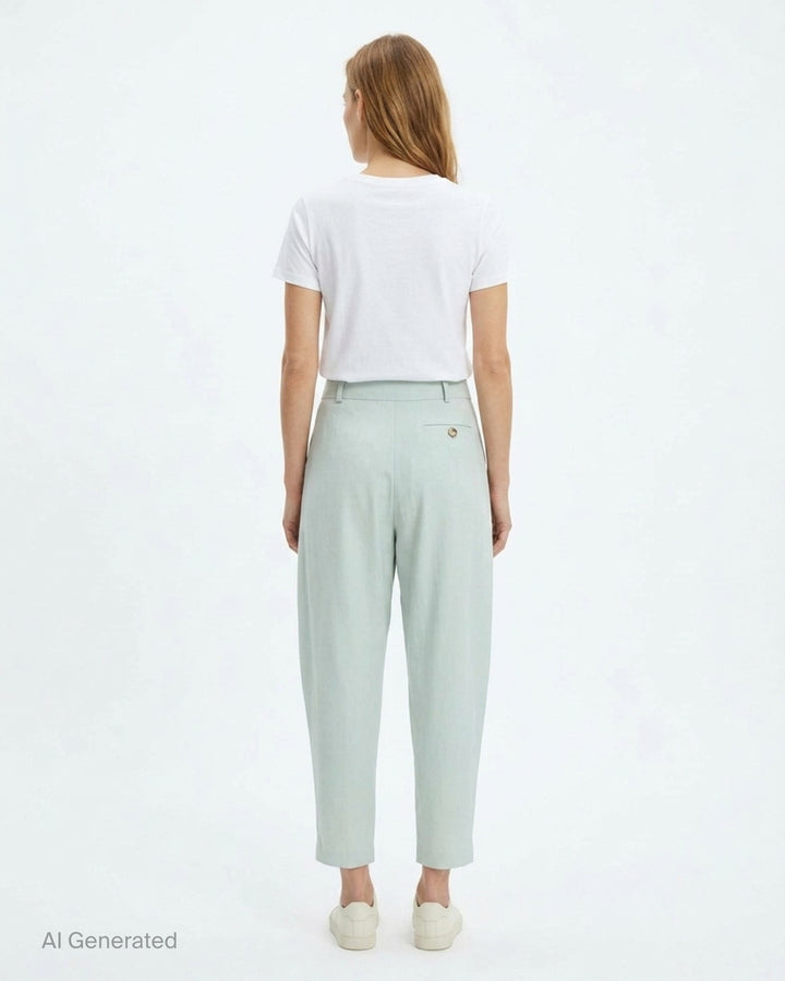 Stella McCartney mid rise balloon tailored pants in pale mint with double front pleats, belt loops, and a tapered cropped leg - back