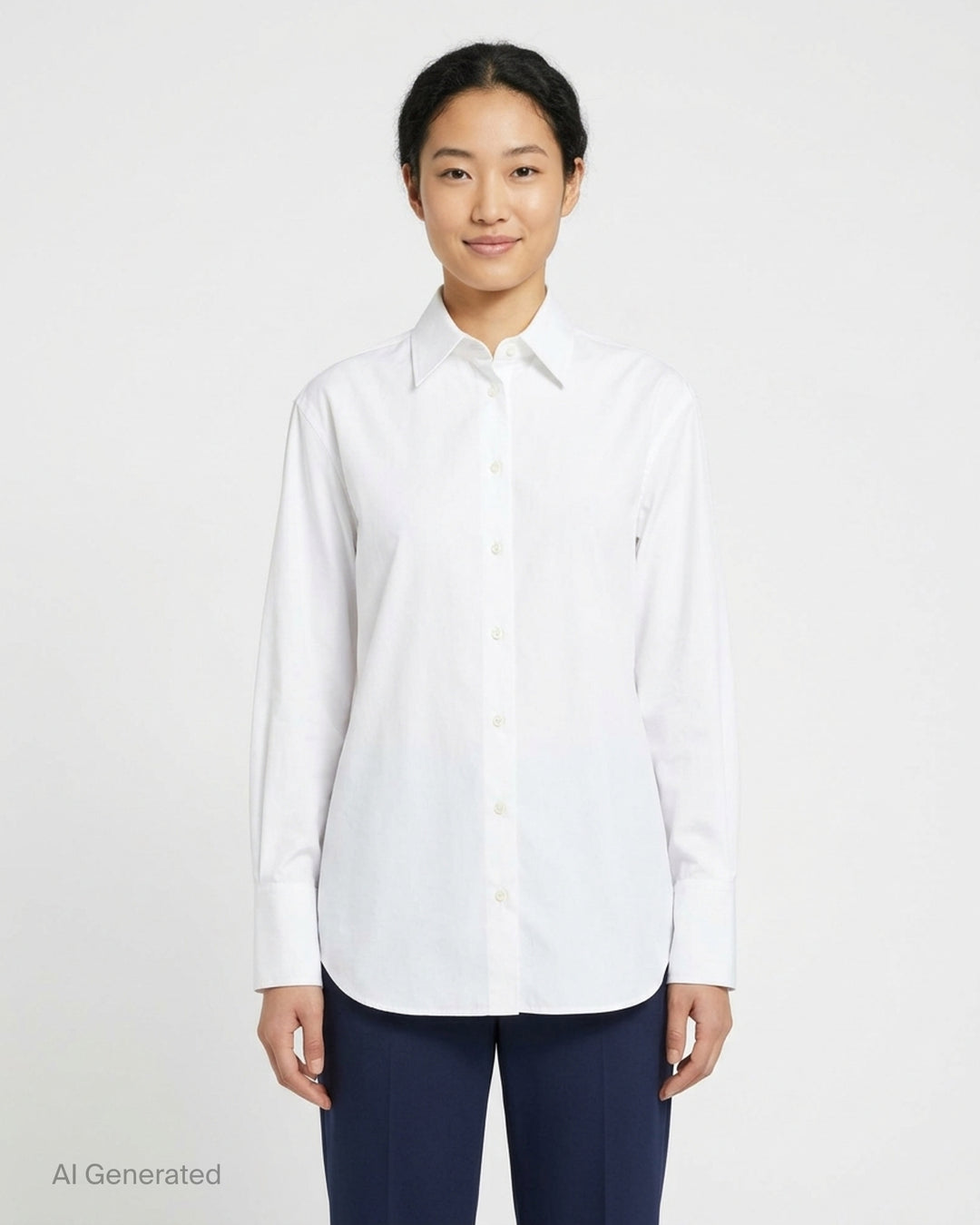 Stella McCartney white cotton poplin open-back shirt with classic pointed collar, full-length button front fastening, long sleeves, and buttoned cuffs - front
