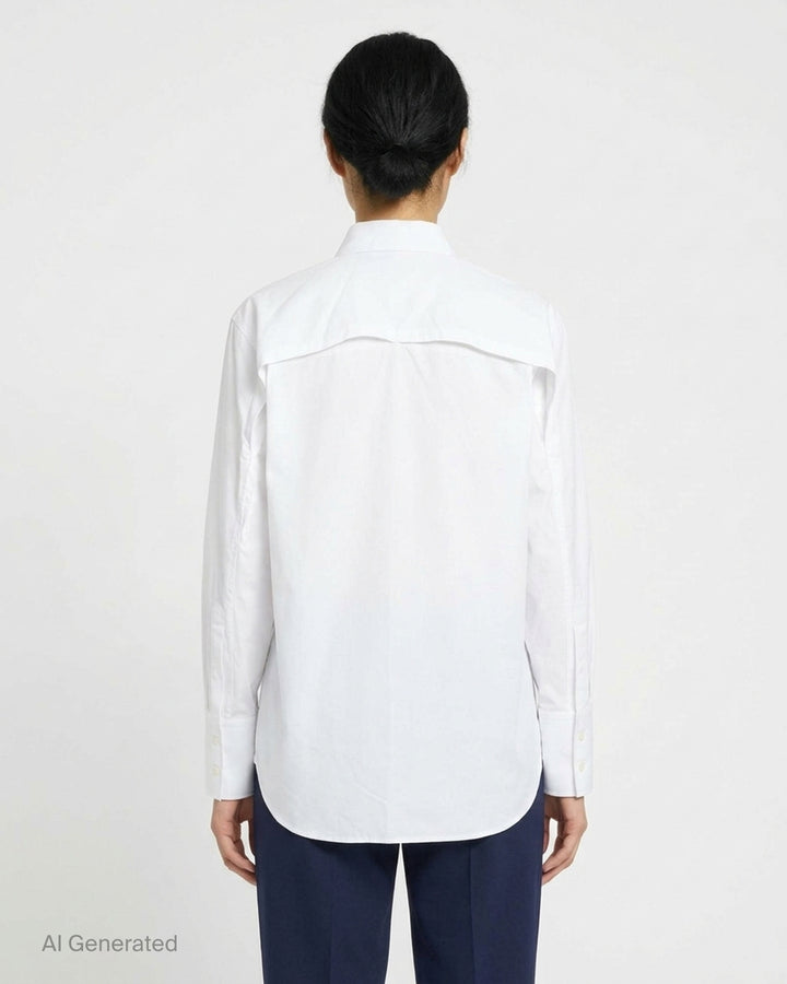 Stella McCartney white cotton poplin open-back shirt with classic pointed collar, full-length button front fastening, long sleeves, and buttoned cuffs - back